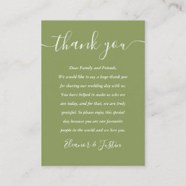 Tarjeta De Mesa Moss Green Elegant Moderno Script Boda Gracias
