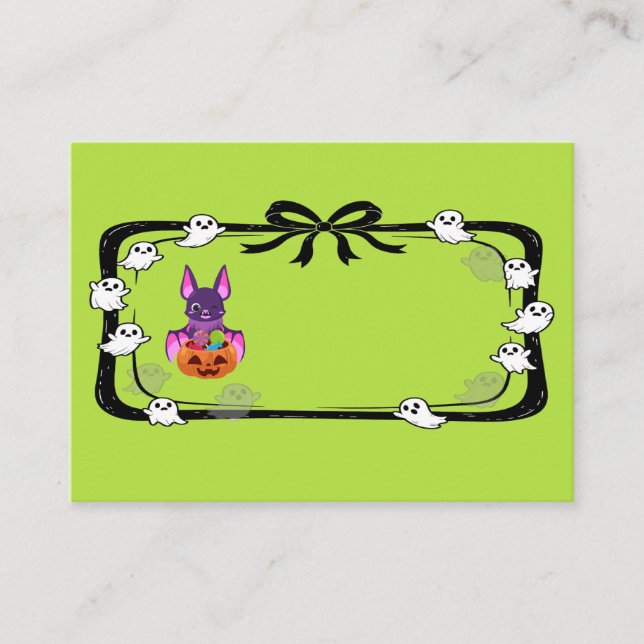 Tarjeta De Mesa Murciélago de Halloween con dulce verde (Anverso)