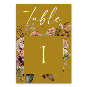 Tarjeta De Mesa Mustard Brown Floral Boda   Elegante Fall Boho