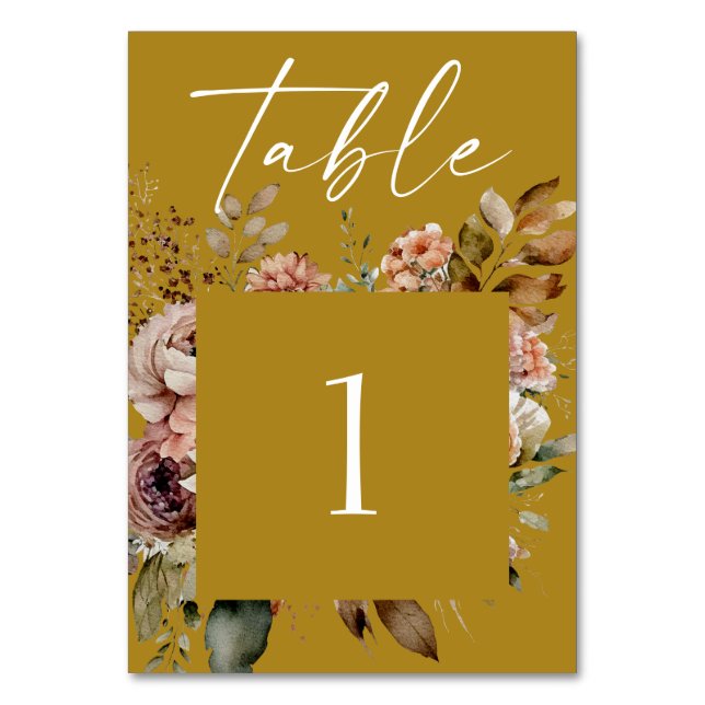 Tarjeta De Mesa Mustard Brown Floral Boda | Elegante Fall Boho (Anverso)