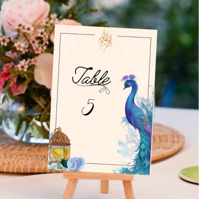 Tarjeta de mesa musulmana de estilo pavo real ilus (Illustrated Peacock Bismillah table Sign)