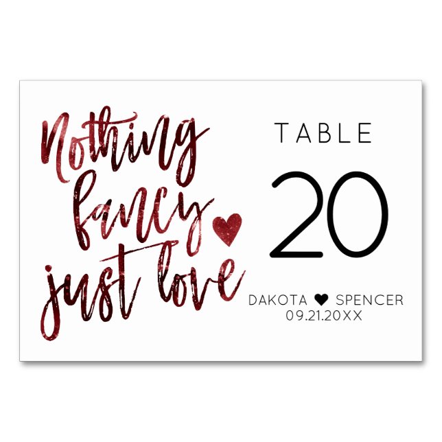 Tarjeta De Mesa Nada Fancy Just Love | Boda Rojo Crimson Oscuro (Anverso)
