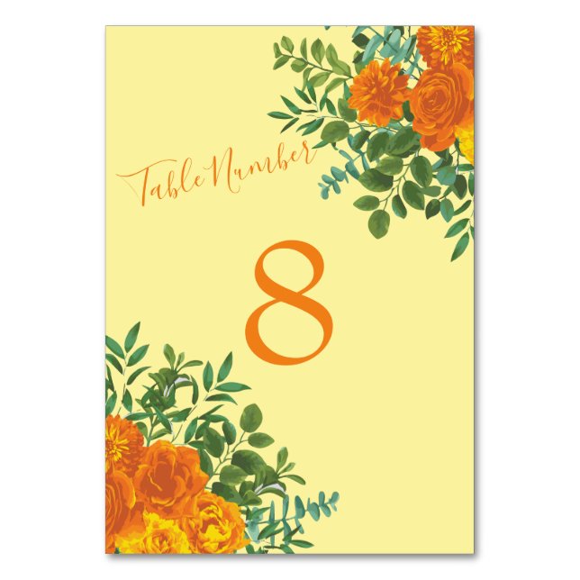 Tarjeta De Mesa Naranja amarillo Boda Rosas florales (Reverso)