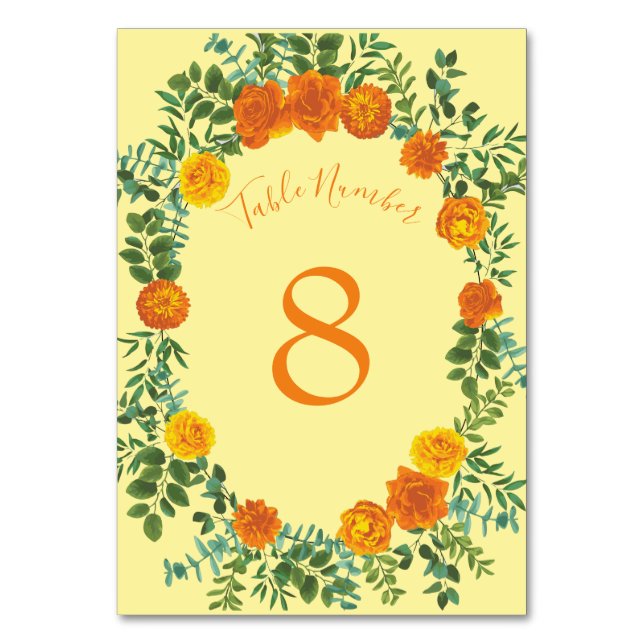 Tarjeta De Mesa Naranja amarillo Boda Rosas florales (Reverso)
