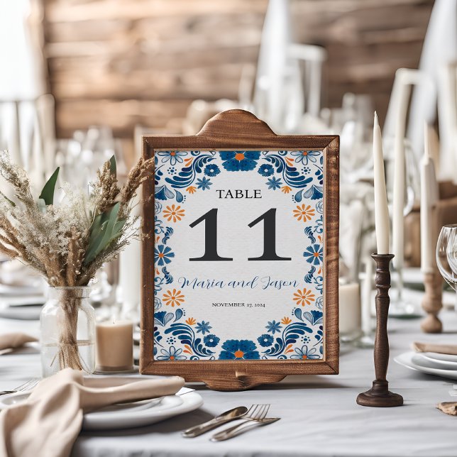 Tarjeta De Mesa Naranja azul mexicano Floral Elegante Boda Fiesta (Mexican Blue Orange Floral Elegant Fiesta Wedding Table Number)