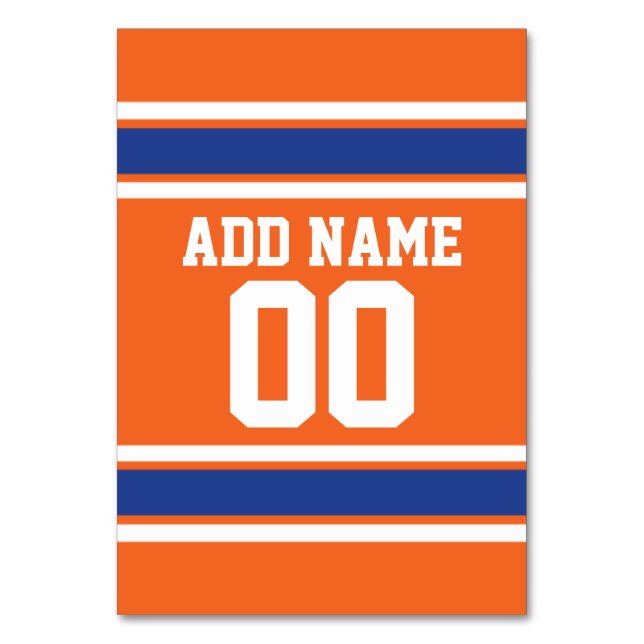 Tarjeta De Mesa Naranja Blue Sports Jersey con nombre y número (Anverso)