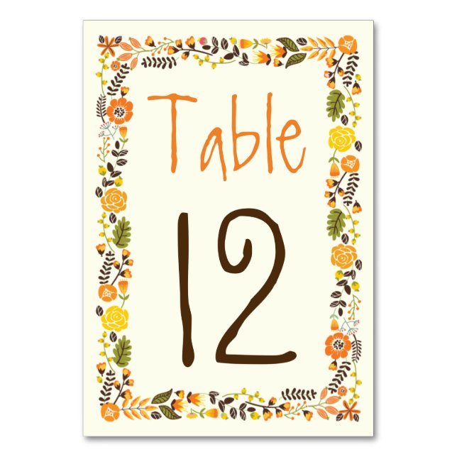 Tarjeta De Mesa Naranja, boda de borde floral amarillo número de t (Anverso)
