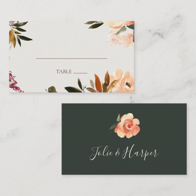 Tarjeta De Mesa Naranja Borgoña Floral | Green Place Card (Anverso / Reverso)