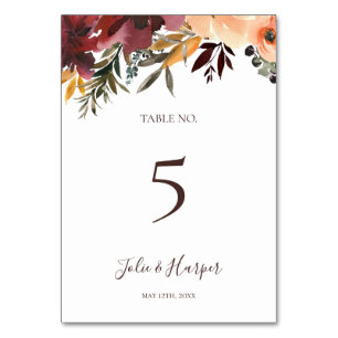 Tarjeta De Mesa Naranja Borgoña Floral   Número de tabla