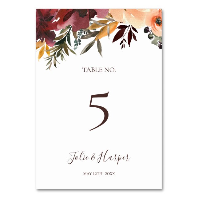 Tarjeta De Mesa Naranja Borgoña Floral | Número de tabla (Anverso)