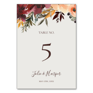 Tarjeta De Mesa Naranja Borgoña Floral Número de tabla beige