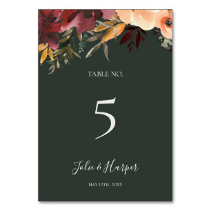 Tarjeta De Mesa Naranja Borgoña Floral   Número de tabla verde