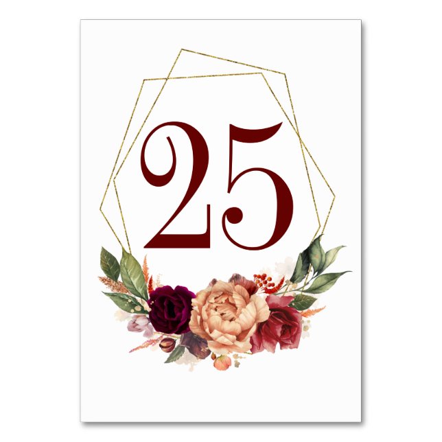 Tarjeta De Mesa Naranja Burgundy Floral Fall Wedding Número de tab (Anverso)