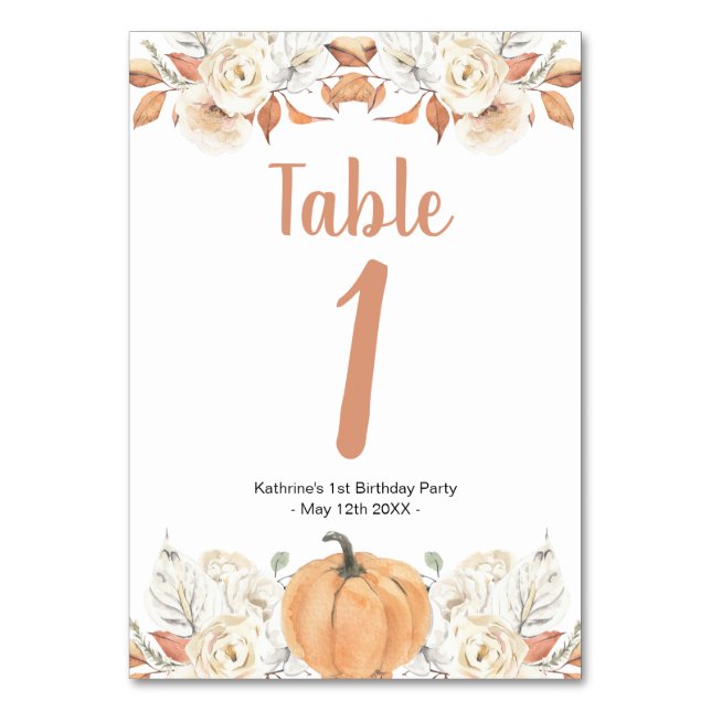 Tarjeta De Mesa Naranja Calabaza Rústica Floral Número de tabla de (Anverso)