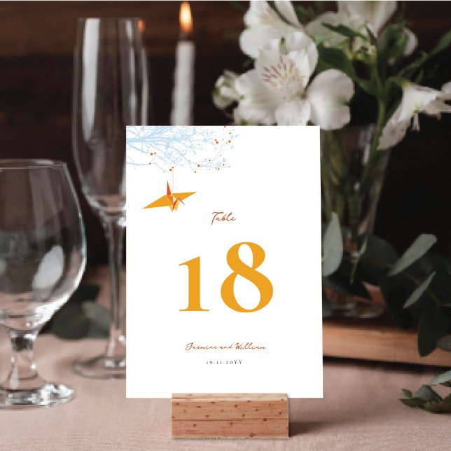 Tarjeta De Mesa Naranja colgante de Origami papel Grue Boda asiáti (Hanging Origami Orange Paper Crane Asian Wedding Table Number Card @ fatfatin_red_knot)