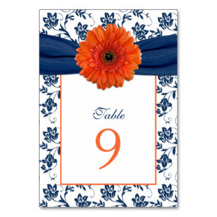 Tarjeta De Mesa Naranja Daisy Navy Blue Damask Ribbon Boda
