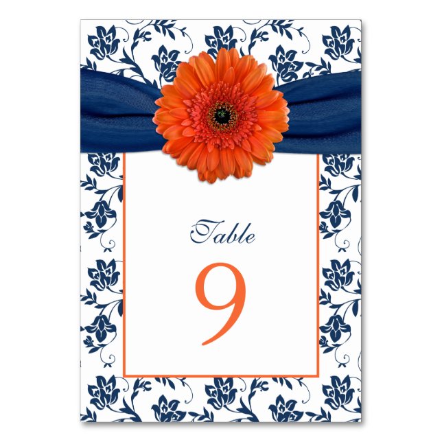 Tarjeta De Mesa Naranja Daisy Navy Blue Damask Ribbon Boda (Anverso)