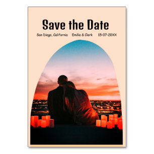 Tarjeta De Mesa naranja de fotografía de arco boho salva la fecha 