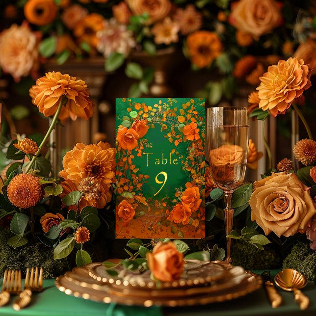 Tarjeta De Mesa Naranja encantador y Boda Green Druid Hill (Druid Hill Autumn Wedding Table Number )