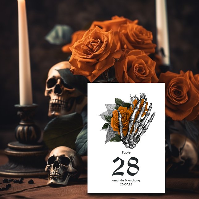 Tarjeta De Mesa Naranja Floral Skeleton Boda gótico (Subido por el creador)