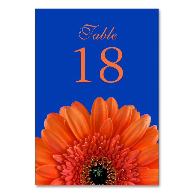 Tarjeta De Mesa Naranja Gerbera Daisy Royal Blue Boda (Anverso)