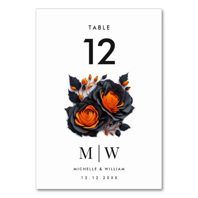 Tarjeta De Mesa Naranja Negro Rosas Partido de la Boda Gótica (Anverso)