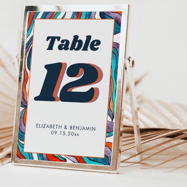 Tarjeta De Mesa Naranja Quemado Azul Wavy Boda retro Groovy modern (Front and Back)