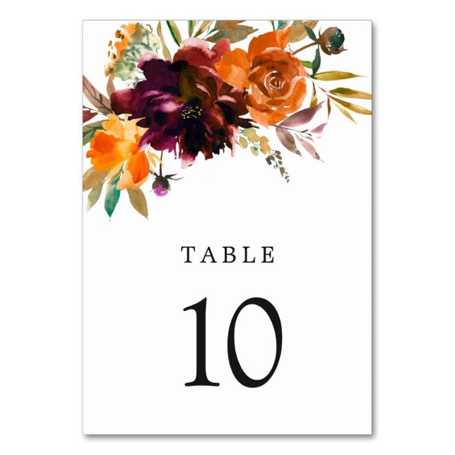Tarjeta De Mesa Naranja quemado Burgundy Cae Boda Rústico Floral (Anverso)
