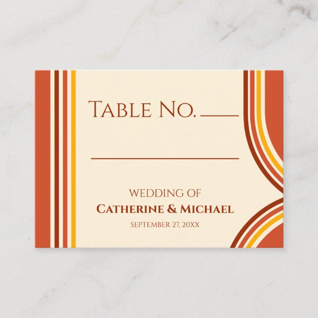 Tarjeta De Mesa Naranja retro 70 de Rainbow Groovy Terracotta Boda (Anverso)