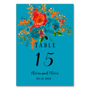 Tarjeta De Mesa Naranja Rojo verde azulado Boda Floral Botánico