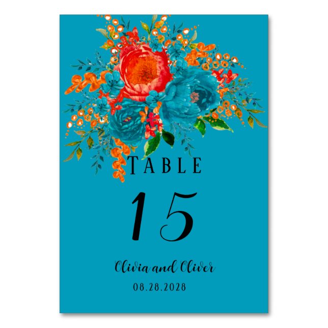 Tarjeta De Mesa Naranja Rojo verde azulado Boda Floral Botánico (Anverso)