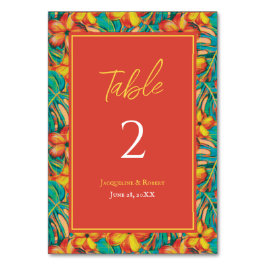 Tarjeta De Mesa Naranja tropical y Boda floral amarillo