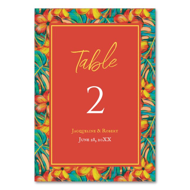 Tarjeta De Mesa Naranja tropical y Boda floral amarillo (Anverso)