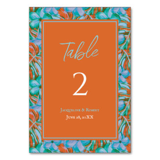 Tarjeta De Mesa Naranja tropical y Boda floral azul