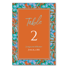 Tarjeta De Mesa Naranja tropical y Boda floral azul