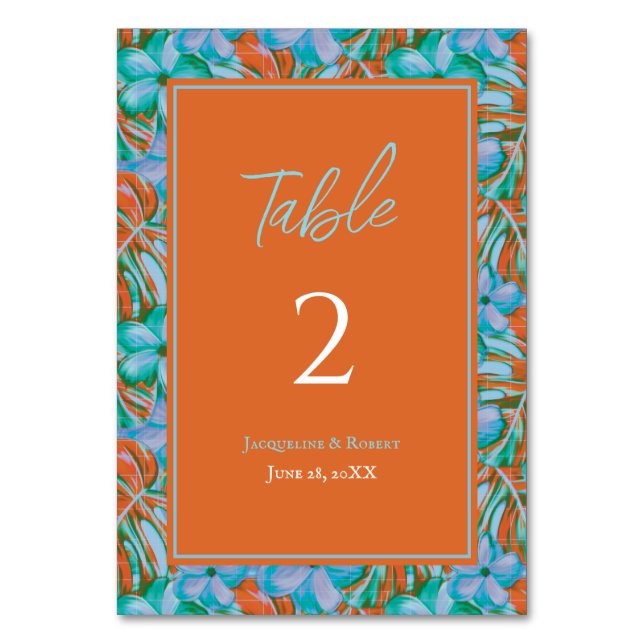 Tarjeta De Mesa Naranja tropical y Boda floral azul (Anverso)