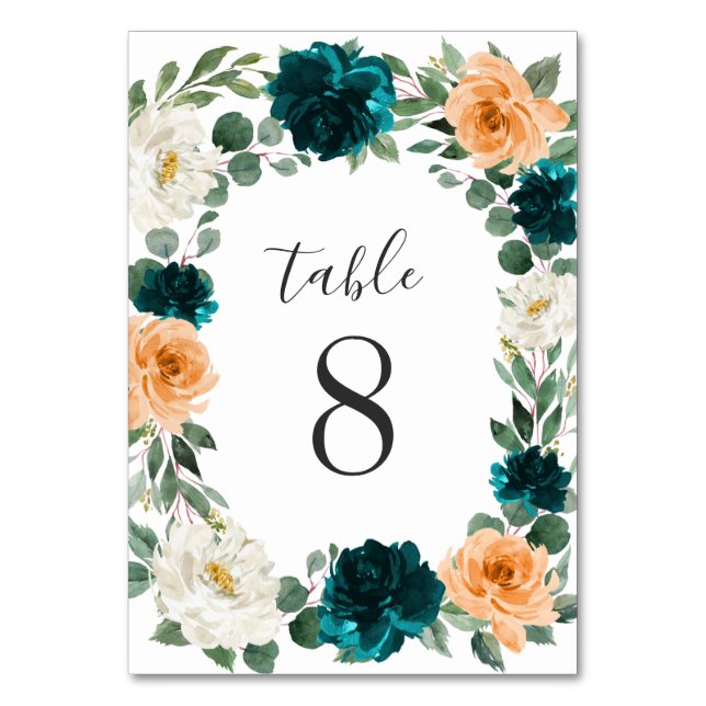 Tarjeta De Mesa Naranja Verde azulado Turquesa Azul Elegante Boda  (Anverso)