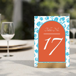 Tarjeta De Mesa Naranja Verona Sunset Blue Flowers Boda