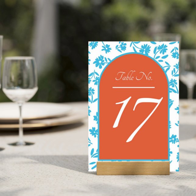 Tarjeta De Mesa Naranja Verona Sunset Blue Flowers Boda (Subido por el creador)