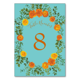 Tarjeta De Mesa Naranja y Verde azulado Aqua Peony y Rosa Boda Flo