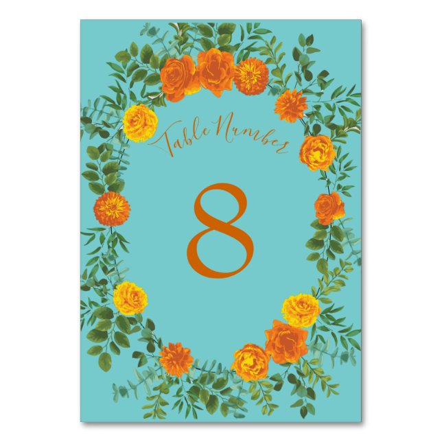 Tarjeta De Mesa Naranja y Verde azulado Aqua Peony y Rosa Boda Flo (Reverso)