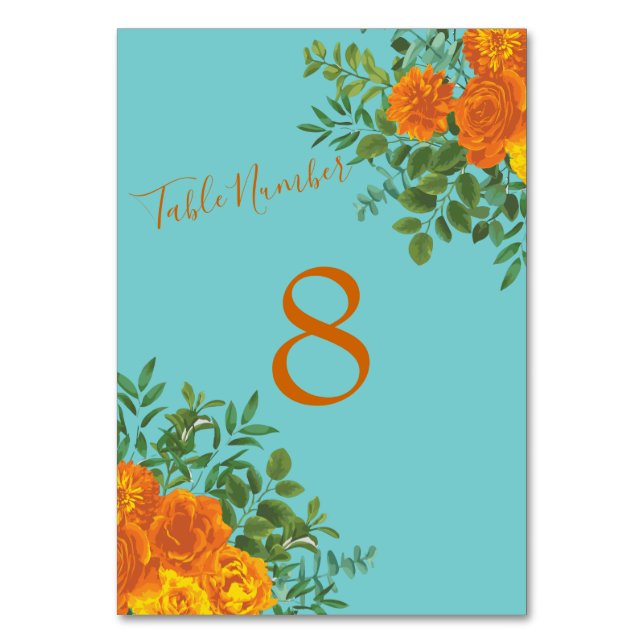 Tarjeta De Mesa Naranja y Verde azulado Aqua Peony y Rosa Boda Flo (Reverso)