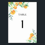 Tarjeta De Mesa Naranjas cítricos - número de tabla boda<br><div class="desc">Fiesta de ducha de color cítrico acuático con ilustracion acuarela de naranjas en una rama de árbol. Elegante caligrafía escrita,  perfecta para bodas de primavera,  verano o otoño. Elementos coincidentes disponibles.</div>
