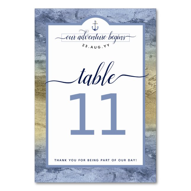 Tarjeta De Mesa #Náutico Marina Azul Acero y Oro Evento #Boda (Anverso)