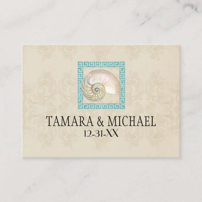 Tarjeta De Mesa Nautilus Shell acuarela Griega Key Damask Beach (Anverso)