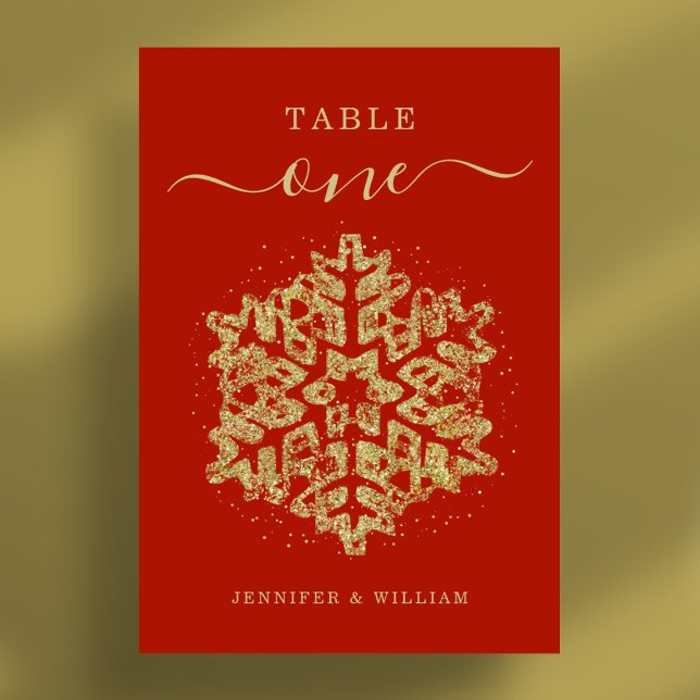 Tarjeta De Mesa Navidades de invierno Boda de vacaciones rojo oro (Winter Christmas Holiday Wedding Gold Red Table Number)