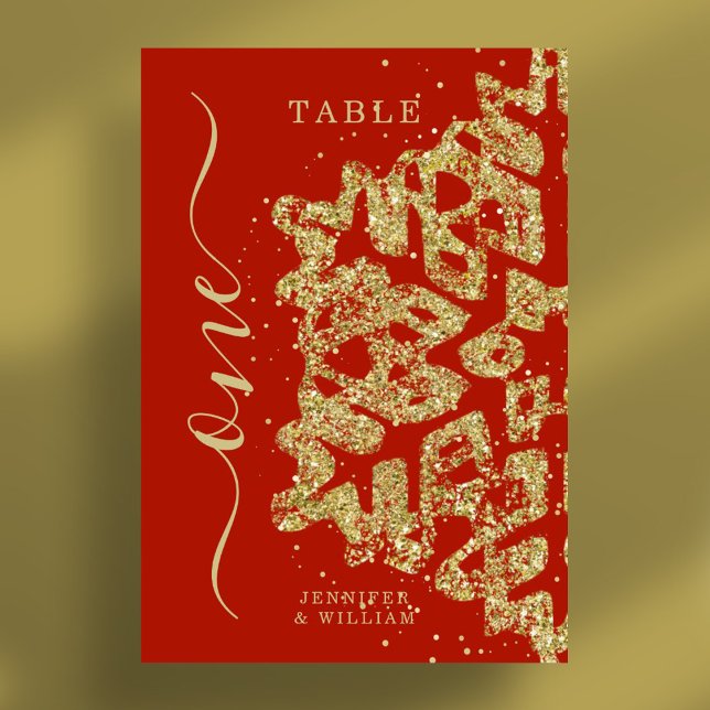 Tarjeta De Mesa Navidades de invierno modernos Boda de vacaciones  (Modern Winter Christmas Holiday Wedding Gold Red Table Number)