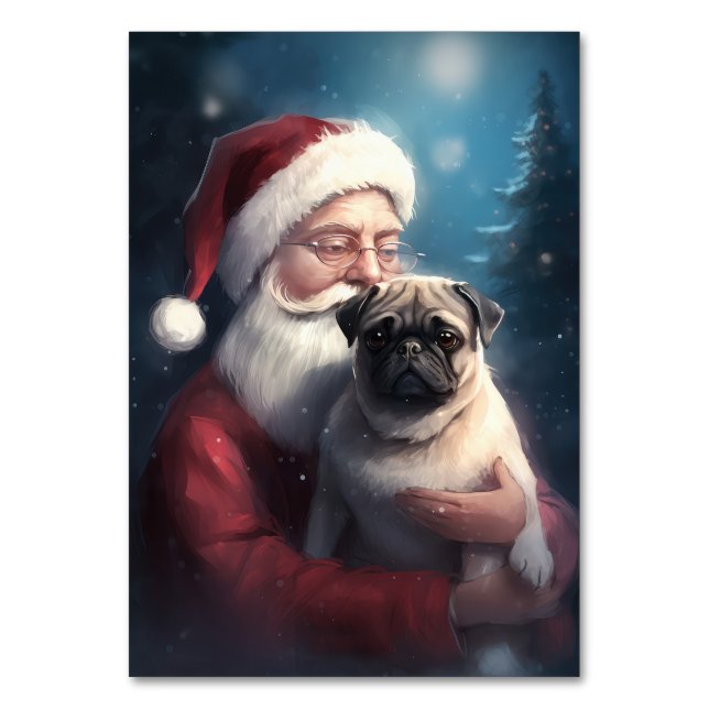 Tarjeta De Mesa Navidades festivos de Pug con Santa Claus (Anverso)