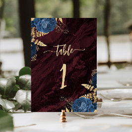 Tarjeta De Mesa Navy Blue Gold Floral Burgundy Wedding