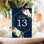 Tarjeta De Mesa Navy Blue Gold Wedding Table Numbers Double Sided<br><div class="desc">Help your guests easily find their way with these lovely double sided table number cards. Easily edit the numbers,  names and date! This design features a beautiful blush floral bouquet and elegant script font!</div>